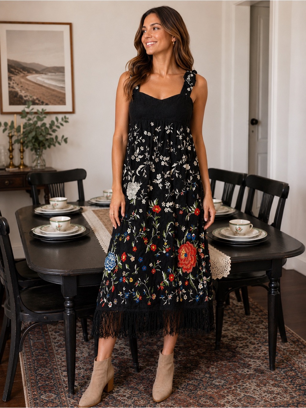 Anthropologie Black Embroidered Floral Midi Dress with Fringe Hem 6